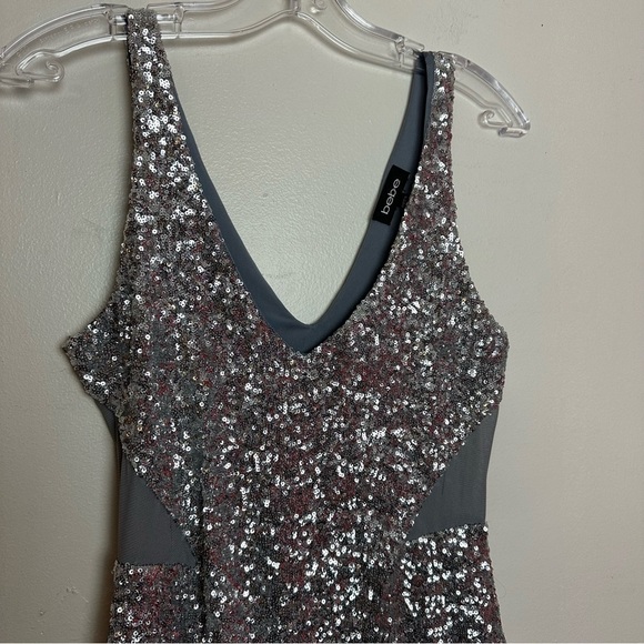 Bebe Silver Sequin Bodycon Sleeveless Mini Dress with Mesh Cutouts - Picture 9 of 14